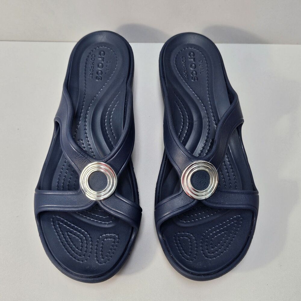 Crocs Sandals Women 9 Sanrah Beveled Circle Wedge Blue Comfort Summer Slides - Picture 2 of 12
